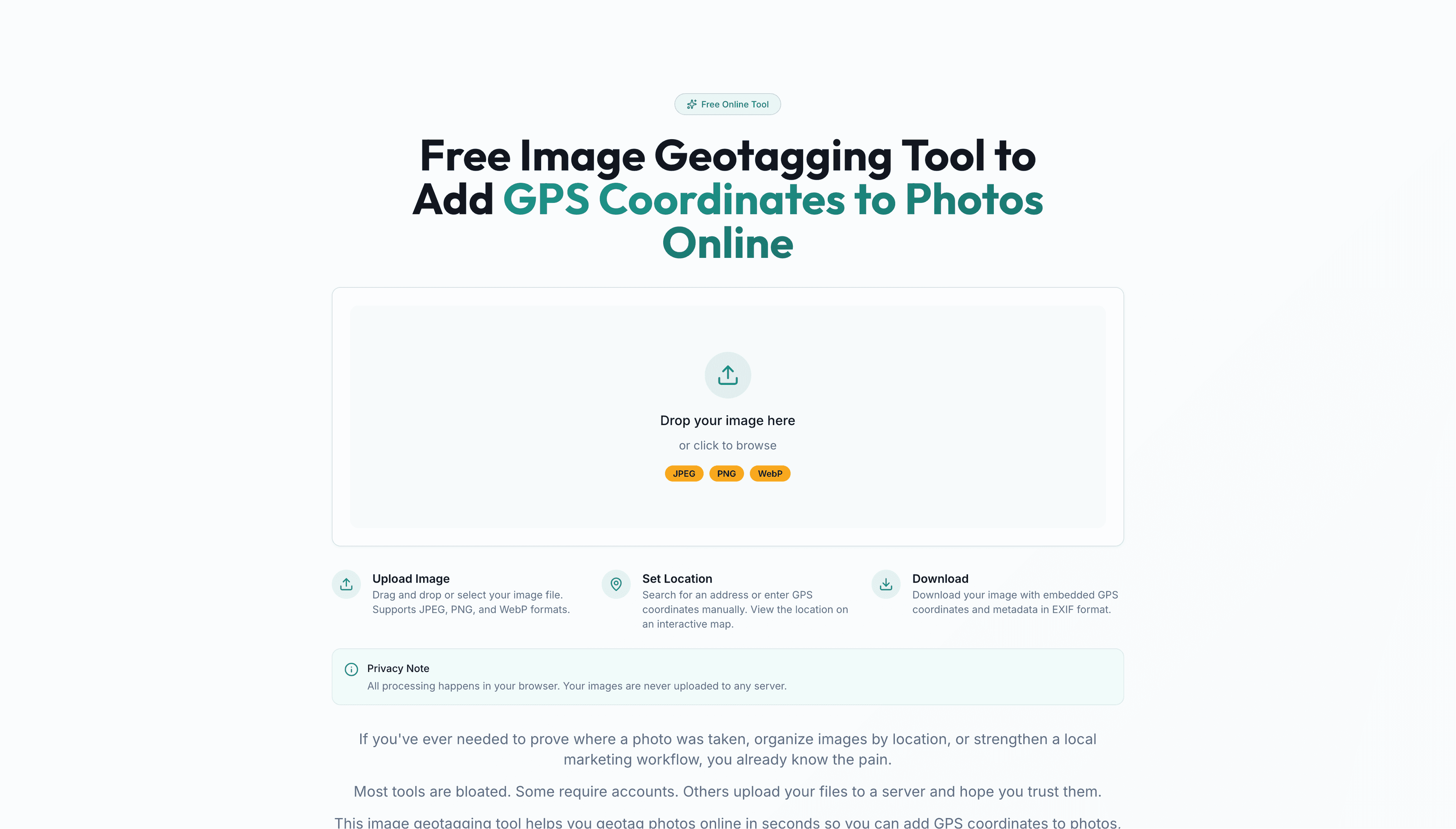 GeoPin EXIF — Private Image Geotagging Tool - Web Tool project screenshot